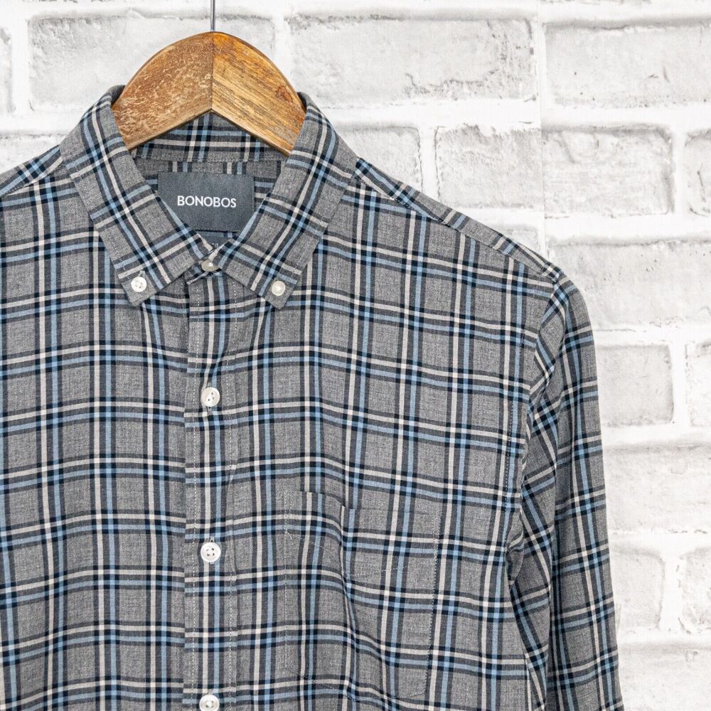 BONOBOS Men's Slim Fit Button Down Shirt Gray Plaid Cotton size XS